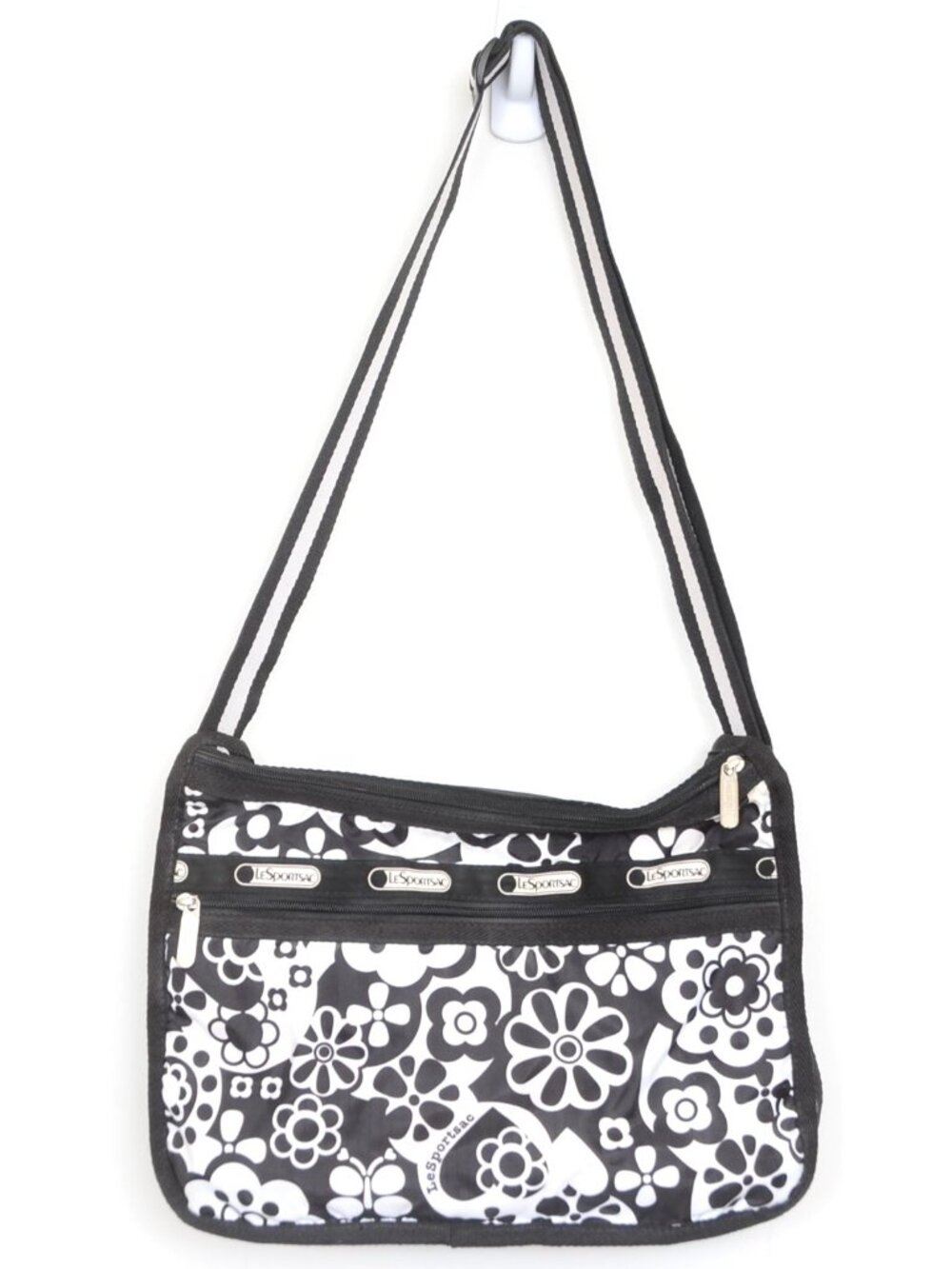Lesportsac Deluxe Everyday Bag Black White Retro Bold Floral Crossbody Purse - Picture 5 of 9